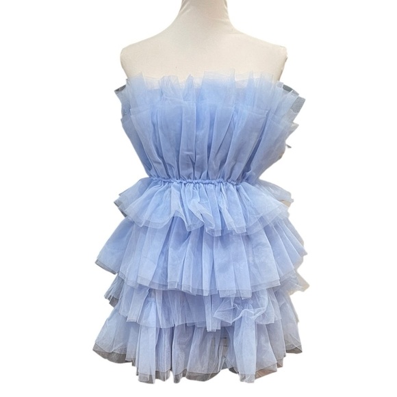 Mable Tiered Tulle Ruffle Strapless Mini Dress SZ M Blue - Picture 3 of 8